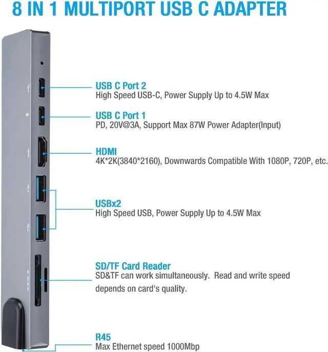 Alt view image 2 of 7 - 8 in 1 Multiport Type C To USB-C HDMI Adapter USB 3.0 Cable Hub For Macbook,sd card reader,Gray