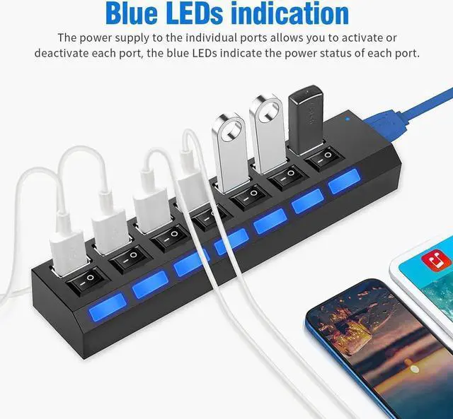 Alt view image 2 of 7 - Multi Port USB Splitter7 Port USB 3.0 Hub, USB A Port Data Hub with Independent On/Off Switch and LED Indicators, Lights for Laptop, PC, Computer, Mobile HDD, Flash Drive and More (Black)