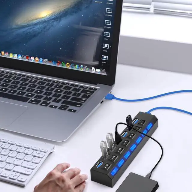 Alt view image 4 of 7 - Multi Port USB Splitter7 Port USB 3.0 Hub, USB A Port Data Hub with Independent On/Off Switch and LED Indicators, Lights for Laptop, PC, Computer, Mobile HDD, Flash Drive and More (Black)