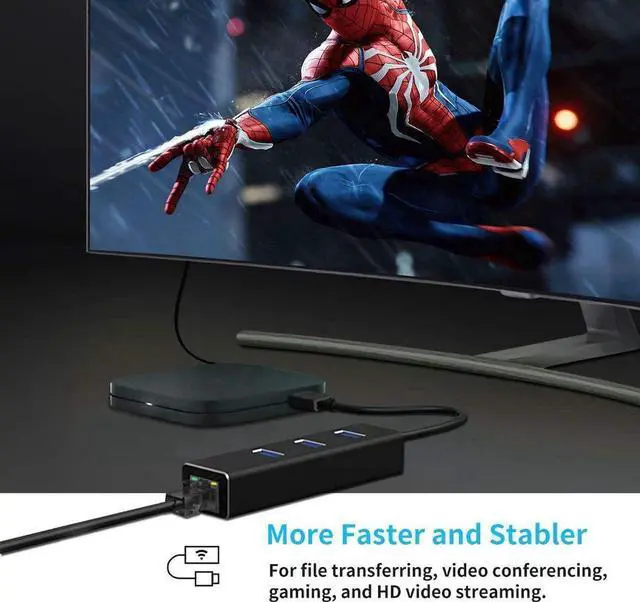 Alt view image 3 of 7 - USB 3.0 Hub to 3x USB3.0 1x RJ45 Ethernet Adapter, with RJ45 10/100/1000 Gigabit Ethernet LAN Network to USB Adapter for Windows PC, Linux, MacBook, Ultrabook, Notebooks, Tablets, Aluminum (Black)