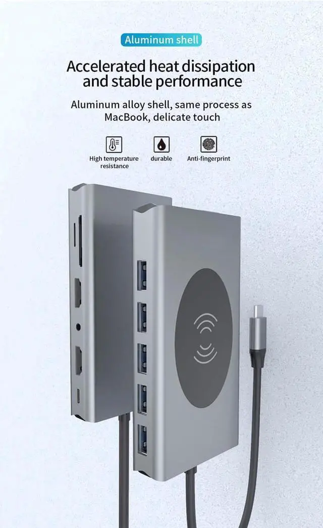 Alt view image 7 of 7 - USB C Hub, Multiport Adapter USB C Dongle for MacBook Pro, 14 in 1 USB C to Dual HDMI Adapter with Ethernet VGA PD Port 5xUSB3.0 SD/TF Card Reader Wireless Charging and 3.5mm Audio for Type C Laptops