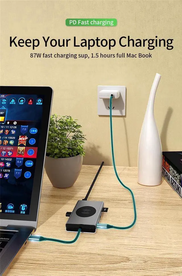 Alt view image 5 of 7 - USB C Hub, Multiport Adapter USB C Dongle for MacBook Pro, 14 in 1 USB C to Dual HDMI Adapter with Ethernet VGA PD Port 5xUSB3.0 SD/TF Card Reader Wireless Charging and 3.5mm Audio for Type C Laptops
