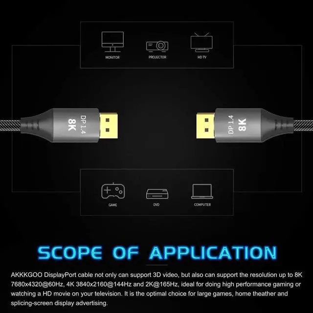 Alt view image 3 of 7 - Male to Male DP Video Monitor Cable (8K@60Hz, 4K@144Hz), Ultra High Speed DP to DP Cables for Laptop, PC, TV, Gaming Monitor Cable - DisplayPort to DisplayPort Cable (3.3FT)