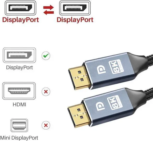 Alt view image 2 of 7 - DisplayPort Cable,8K DP Cable Nylon Braided (8K@60Hz, 4K@120hz) Display Port Cable V1.4 Ultra High Speed DisplayPort to DisplayPort Cable 3.3ft for Laptop PC TV - Gaming Monitor Cable (Grey)