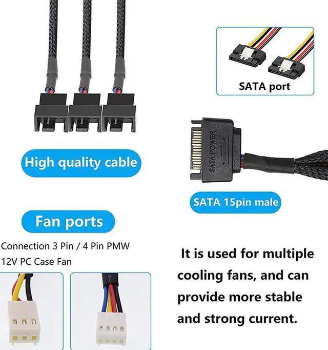 Alt view image 5 of 5 - SATA to 3 Pin 4 Pin Fan Sleeved Power Splitter Cable Adapter,15Pin SATA to 3 x TX3 / TX4 (PWM) 12V PC Case Fan Cooler Y Splitter Power Extension Cord - 10 Inch,Black