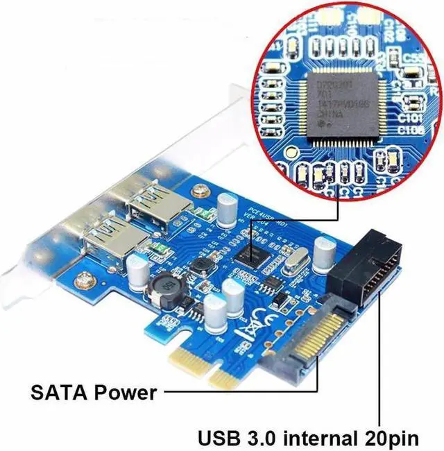 Alt view image 5 of 5 - 4 Port PCIE PCI-e to USB 3.0 (2 x Type A+ 20 Pin Internal) Expansion Card Hub Controller PCI Express Card Adapter w/ SATA Power