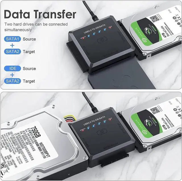 Alt view image 6 of 7 - USB 3.0 to SATA IDE Adapter Cable w/One Touch Backup, External Hard Drive Reader for Universal 2.5" 3.5" SSD HDD CD/DVD Optical Drives, Data Recovery Converter w/12V/2A Power Adapter