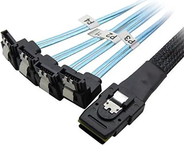 Main image of 0.5 Meter Internal Mini SAS 36pin SFF-8087 Host/Controller to 90 Degree 4 x SATA 7pin Target/Backplane Forward Breakout Cable w/Net Jacket