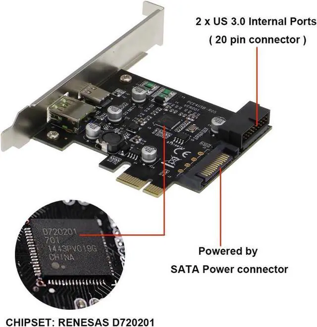 Alt view image 4 of 4 - PCIe Express Card to USB 3.0 Type-C w/ 2.4A Quick Charging and 19Pin USB 3.0 Dual,Port Power by 15pin SATA