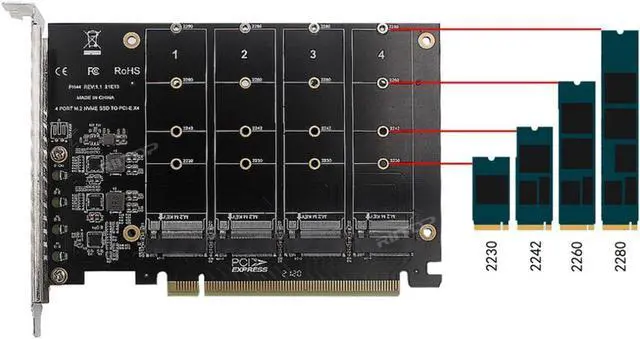 Alt view image 3 of 5 - M.2 NVMe to PCIe 16x Adapter, 4 Port NVMe SSD Slot Converter to PCI-e 4.0 x16 Host Controller Expansion Card Adaptor High Speed 4x32Gbps For M Key NVMe SSD (PCI-e Bifurcation Required)