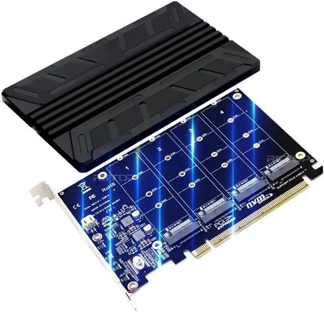 Alt view image 4 of 5 - M.2 NVMe to PCIe 16x Adapter, 4 Port NVMe SSD Slot Converter to PCI-e 4.0 x16 Host Controller Expansion Card Adaptor High Speed 4x32Gbps For M Key NVMe SSD (PCI-e Bifurcation Required)