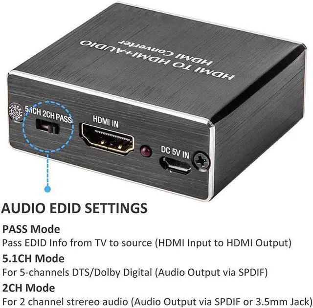 Alt view image 3 of 7 - Mini HDMI to Optical Audio Extractor, 4K @30Hz HDMI to HDMI SPDIF Splitter HDMI Toslink Converter with 3.5mm Stereo Sound out Support TV PS4 Slim Xbox Chromecast and Blu-ray DVD Player