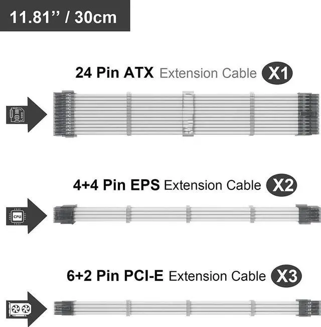 Alt view image 3 of 6 - PSU Extension Cable Kit Custom Sleeved Power Supply Cable Mod for PC Build 18AWG 24Pin ATX /8 (4+4) Pin EPS CPU Cable /8 (6+2) Pin PCI-E GPU PSU Cables 6PCS with Cable Comes White