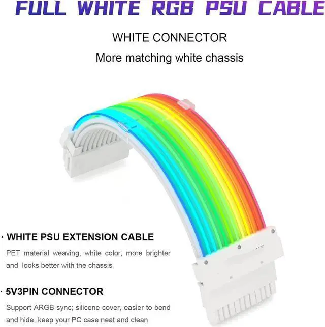 Alt view image 2 of 7 - RGB PSU Cables,ARGB Motherboard Power Supply Cable,24 Pin Sleeved Cable Extension Kit,Strimer Extension Cable Kit 5V 3Pin Synchronized,Customed White PC Chassis(White Connector A Style)