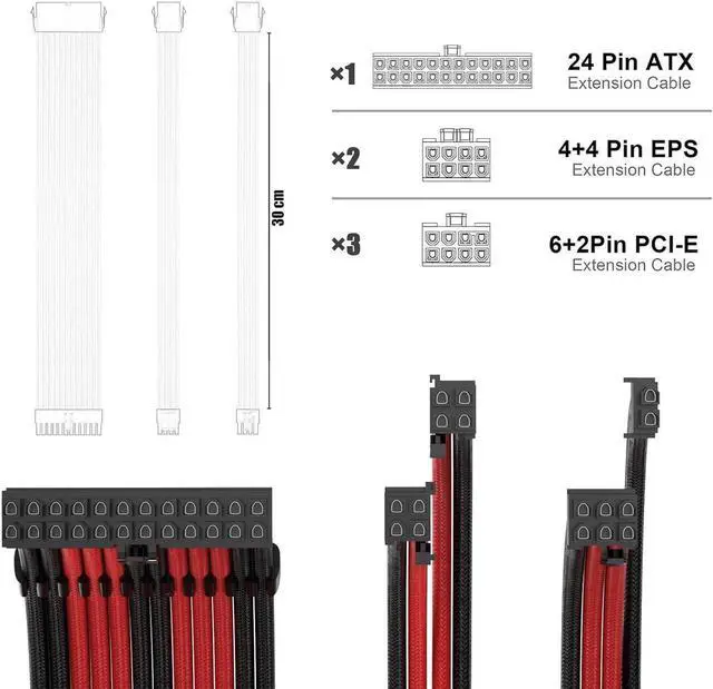 Alt view image 2 of 4 - PSU Cable Extension Kit 30CM Length with Combs,1x24Pin/2x8Pin(4+4) EPS/3x8Pin(6P+2P) PCI-E/PC Sleeved for ATX Power Supply,( Black & Red)