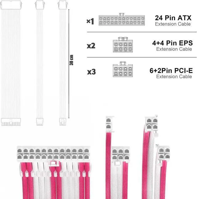 Alt view image 2 of 4 - PSU Cable Extension Kit 30CM Length with Combs,1x24Pin/2x8Pin(4+4) EPS/3x8Pin(6P+2P) PCI-E/PC Sleeved for ATX Power Supply,(White & Pink)