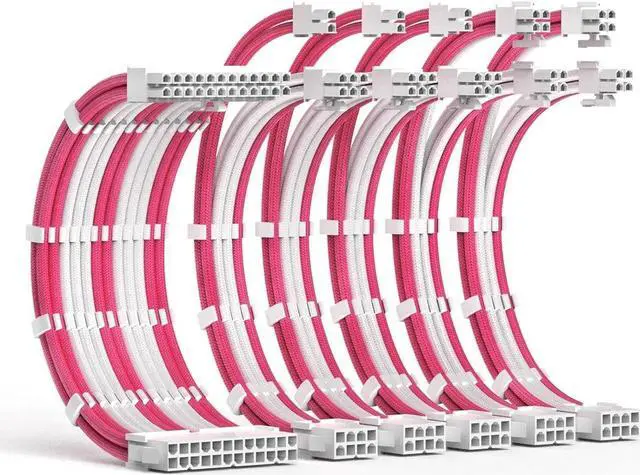 Main image of PSU Cable Extension Kit 30CM Length with Combs,1x24Pin/2x8Pin(4+4) EPS/3x8Pin(6P+2P) PCI-E/PC Sleeved for ATX Power Supply,(White & Pink)
