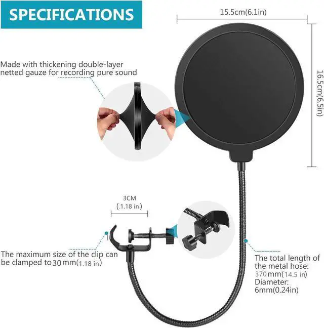 Alt view image 3 of 7 - Aomoproing Professional Microphone Pop Filter Shield Compatible with Blue Yeti and Any Other Microphone, Dual Layered Wind Pop Screen With A Flexible 360 Degree Gooseneck Clip Stabilizing Arm