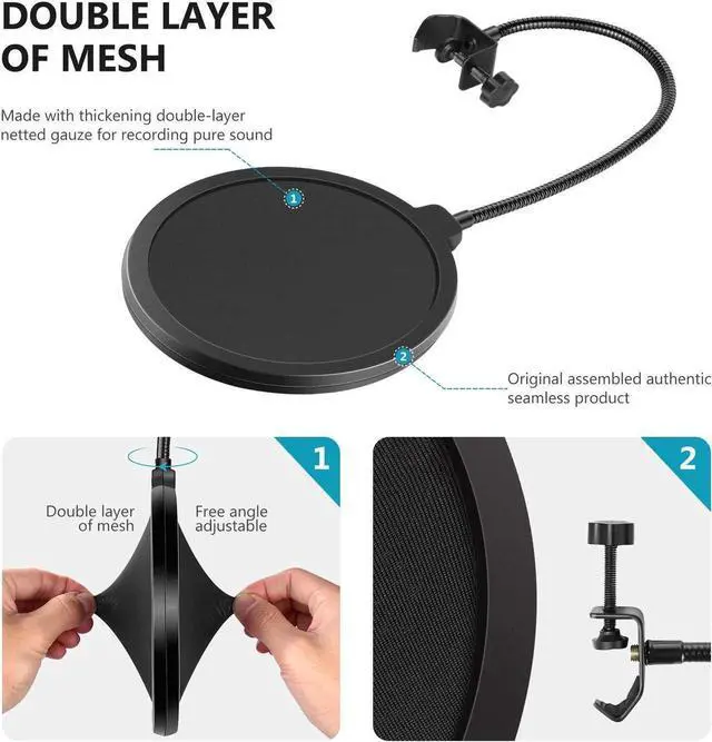 Alt view image 2 of 7 - Aomoproing Professional Microphone Pop Filter Shield Compatible with Blue Yeti and Any Other Microphone, Dual Layered Wind Pop Screen With A Flexible 360 Degree Gooseneck Clip Stabilizing Arm