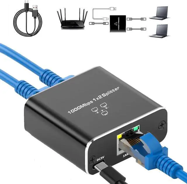 Main image of Aluminum Alloy Ethernet Splitter 1 to 2 High Speed 1000Mbps, Gigabit Ethernet Splitter, LAN Splitter with USB-C Power Cable, RJ45 Splitter for Cat5/5e/6/7/8 Cable (2 Devices Simultaneously Networking)
