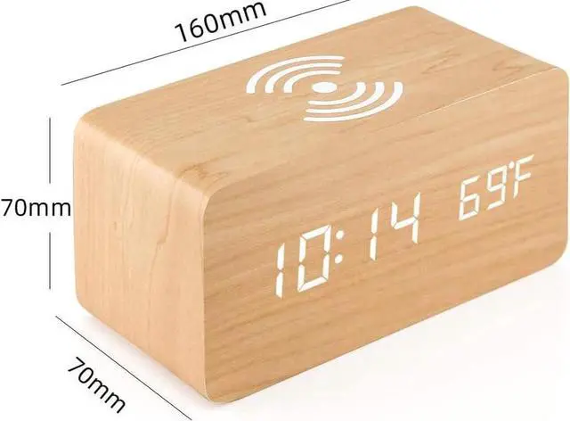 Alt view image 4 of 6 - Alarm Clock with Qi Wireless Charging Pad compatible with iPhone Samsung Wood LED Digital Clock Sound Control Function, Time Date, Temperature Display for Bedroom Office Home