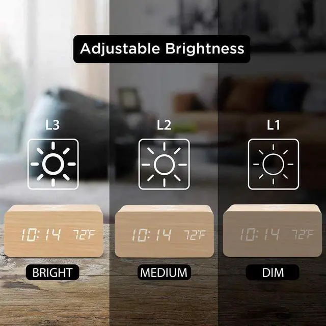Alt view image 6 of 6 - Alarm Clock with Qi Wireless Charging Pad compatible with iPhone Samsung Wood LED Digital Clock Sound Control Function, Time Date, Temperature Display for Bedroom Office Home