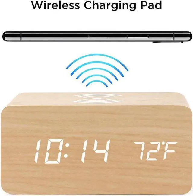 Alt view image 3 of 6 - Alarm Clock with Qi Wireless Charging Pad compatible with iPhone Samsung Wood LED Digital Clock Sound Control Function, Time Date, Temperature Display for Bedroom Office Home