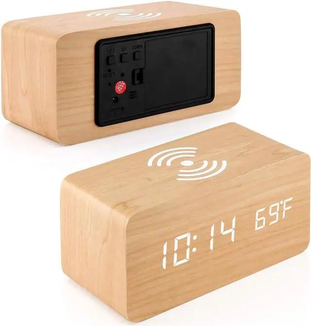 Alt view image 5 of 6 - Alarm Clock with Qi Wireless Charging Pad compatible with iPhone Samsung Wood LED Digital Clock Sound Control Function, Time Date, Temperature Display for Bedroom Office Home