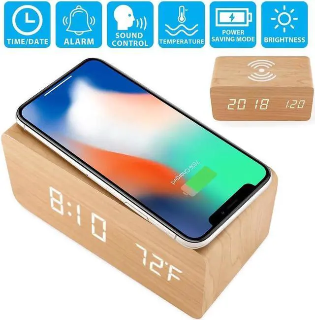 Alt view image 2 of 6 - Alarm Clock with Qi Wireless Charging Pad compatible with iPhone Samsung Wood LED Digital Clock Sound Control Function, Time Date, Temperature Display for Bedroom Office Home