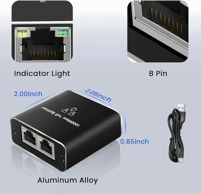 Alt view image 7 of 7 - RJ45 Ethernet Splitter 1 to 2 Out, 1000Mbps Network Splitter with USB Power Cable, Gigabit LAN Internet Splitter Connector for Cat 5/5e/6/7/8, Support Two Devices Working Simultaneously