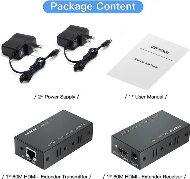 Alt view image 7 of 7 - HDMI Extender, 196ft/60m HDMI Extender (Tx + Rx) Via Single RJ45 Cat6 Ethernet Cable Transmit Up to 60M, Support 1080p, 3D, HDCP, with EDID Function