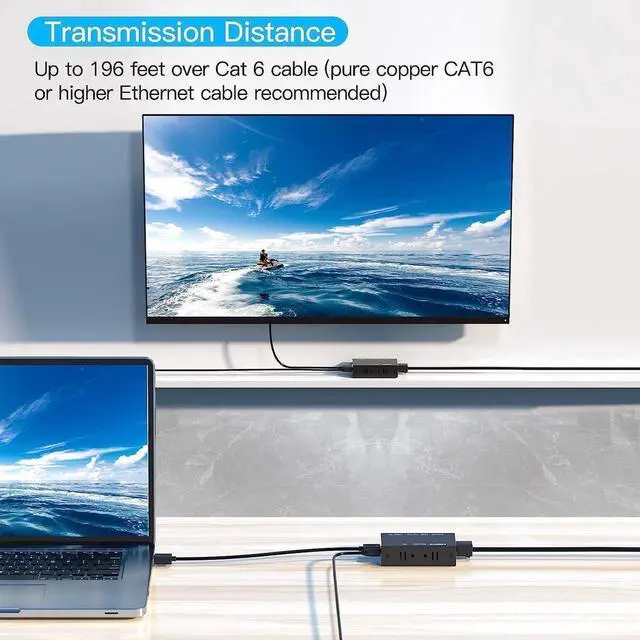 Alt view image 4 of 7 - HDMI Extender, 196ft/60m HDMI Extender (Tx + Rx) Via Single RJ45 Cat6 Ethernet Cable Transmit Up to 60M, Support 1080p, 3D, HDCP, with EDID Function