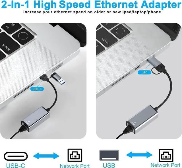 Alt view image 7 of 7 - [USB & Type-C] USB to Ethernet Adapter, USB C to Ethernet RJ45 Adapter,10/100/1000M Gigabit Ethernet LAN Network Adapter for Notebook Laptop UC164, Galaxy S21/S20, i-Mac, XPS, MacOS