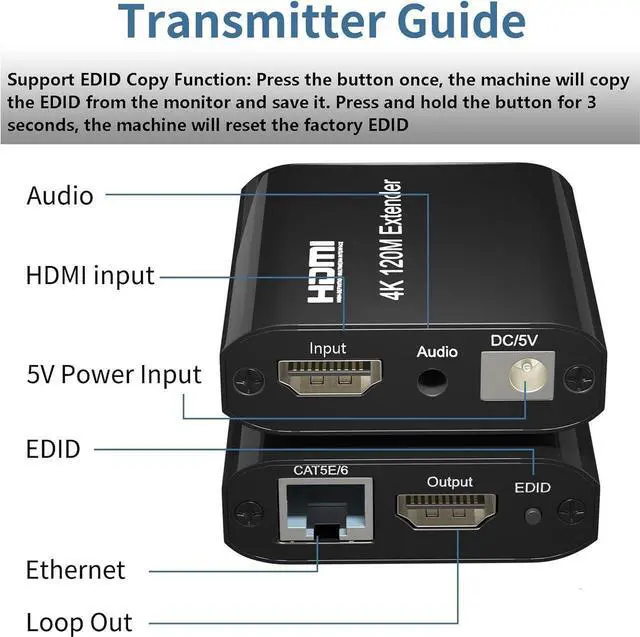 Alt view image 2 of 7 - 120m/395ft HDMI Extender - 4K@60Hz UHD HDMI Ethernet Extender Over Cat5e/6/7 Cable with Audio & Loop Out, HDCP 1.2 Support