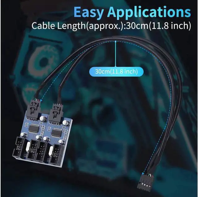 Alt view image 6 of 7 - 4 in 1 Internal USB Splitter Cable, Electop 9 pin USB Header Male 1 to 4 Female Extension Connector Adapter, USB 2.0 HUB Connector Port Multiplier PWM Fan Splitter Cable (30cm/0.98ft)