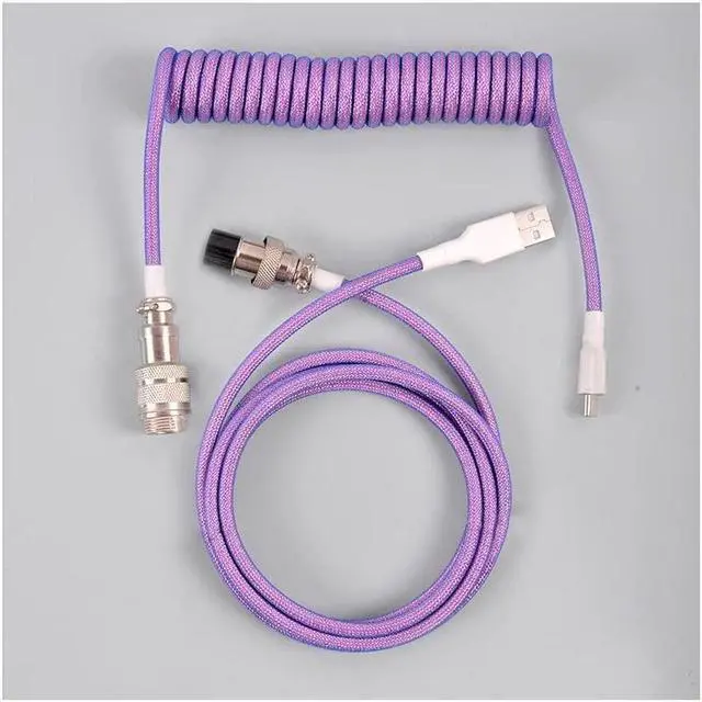 Alt view image 4 of 4 - Coiled Keyboard Cable for Gaming Mechanical Keyboard, Handwork Braided + PET Mesh, Metal Plug, with Detachable Metal Aviator Connector, 3 Meters USB C Aviator Cable (Purple)