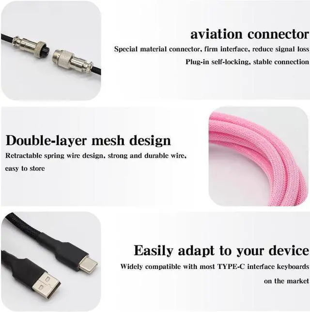 Alt view image 2 of 4 - Coiled Keyboard Cable for Gaming Mechanical Keyboard, Handwork Braided + PET Mesh, Metal Plug, with Detachable Metal Aviator Connector, 3 Meters USB C Aviator Cable (White)