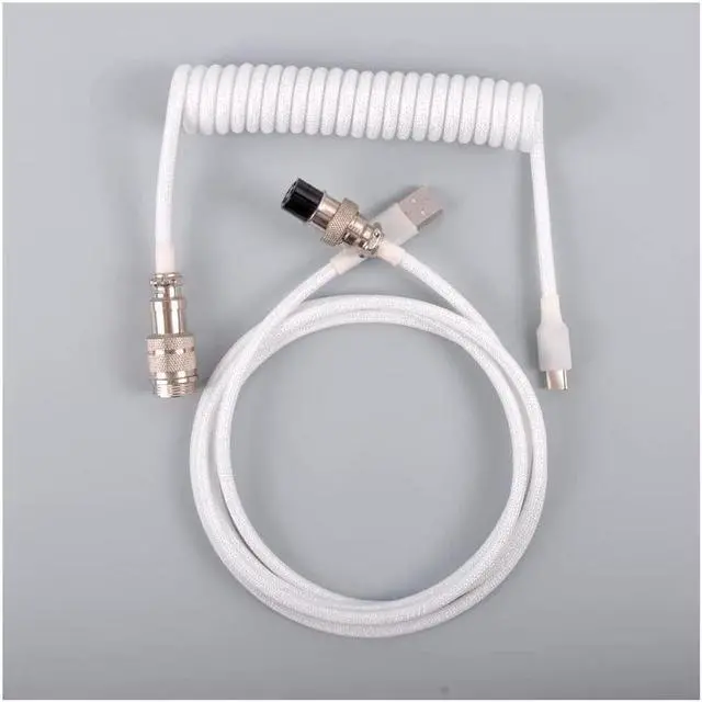 Alt view image 4 of 4 - Coiled Keyboard Cable for Gaming Mechanical Keyboard, Handwork Braided + PET Mesh, Metal Plug, with Detachable Metal Aviator Connector, 3 Meters USB C Aviator Cable (White)