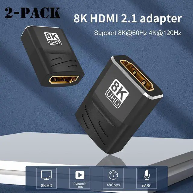 Main image of 2-Pack HDMI Adapter 8K Female to Female, 2.1 HDMI Extender UHD Connector HDMI Port Extension Converter, Supports 8K@60Hz, 4K@120Hz, Dynamic HDR, Compatible with PS5, Xbox X, 8K TV, Monitors, Laptop