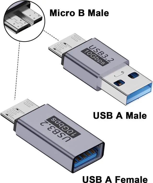 Alt view image 5 of 7 - USB A to Micro B Adapter (2 Styles), USB to Micro B Male Female Converter for 10Gbps Data Charging Hard Drive Cable for External Hard Drives