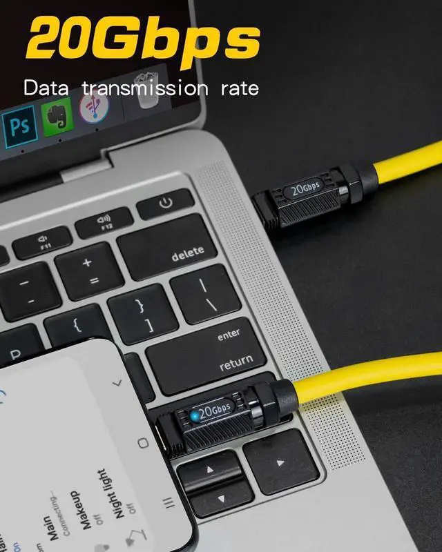 Alt view image 5 of 6 - USB C to USB C Charging Cable 6ft, 140W 20Gbps Type C to Type C Fast Charging Silicone Cable, with LED Light, Support 8K@60hz for MacBook Pro,Galaxy S23 S22, Yellow