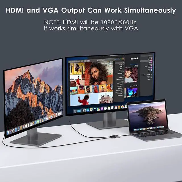 Alt view image 4 of 7 - USB C to HDMI VGA Adapter,  4-in-1 Type-c Hub with 4KX2K HDMI, 1080P VGA, 2 Screens Different Display Compatible for MacBook Pro/iPad Pro 2018/ Samsung Galaxy/Dell XPS