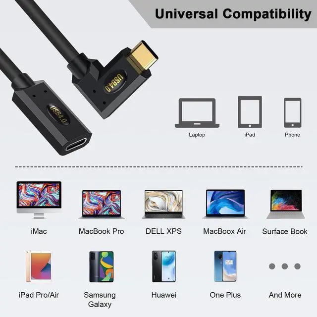 Alt view image 2 of 6 - USB C Extension Cable 1ft 40Gbps, 240W Right Angle USB C Extension Cable, Thunderbolt 4 Extension Cable with 8K Video, 90 Degree Type C Extender Cord for Thunderbolt 4/MacBook/Phone/HUB