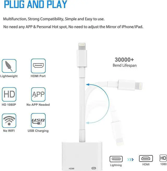 Alt view image 4 of 7 - Lighting to HDMI Adapter,Lighting Digital AV Adapter Converter with Lighting Charging Port for HD TV Monitor Projector 1080P, Select iPhone, iPad and iPod Models, No APP Needed,Plug Play