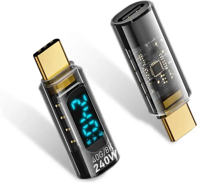 Main image of 240W USB C Extension Adapter Power Meter Tester, USB C Male to USB C Female Adapter with Wattage LED Digital Display, for iPhone 15, USB-C Cables/Devices (2 Pack-Transparent)