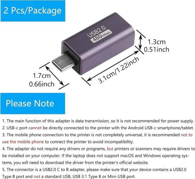 Alt view image 7 of 7 - 2 Pack USB C to USB B Adapter Type C to MIDI Convert Connector Type C Male to USB B Female Printer Adapter for Eectric Piano DAC,Synthesizer,DJ Controller,Keyboard,Printer (Straight)