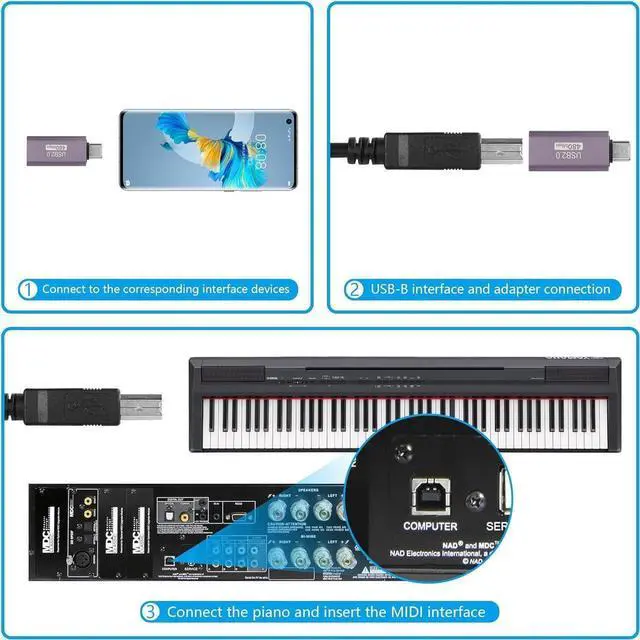 Alt view image 5 of 7 - 2 Pack USB C to USB B Adapter Type C to MIDI Convert Connector Type C Male to USB B Female Printer Adapter for Eectric Piano DAC,Synthesizer,DJ Controller,Keyboard,Printer (90 Degree)