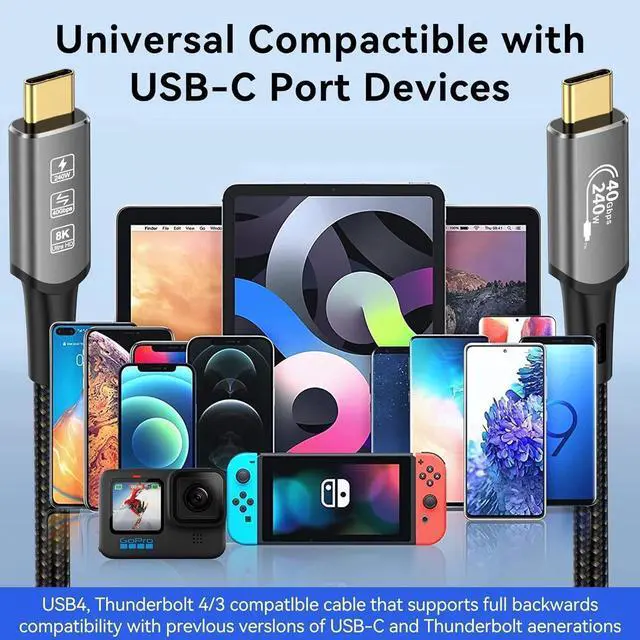 Alt view image 2 of 7 - USB4 Cable with Thunderbolt 4, 240W Charging, 40Gbps Data, 8K@60Hz 4K120Hz HDR, PD3.1, USB C to USB C, for MacBook M1-M3, Mac Studio, Laptops, Monitor 6.6FT