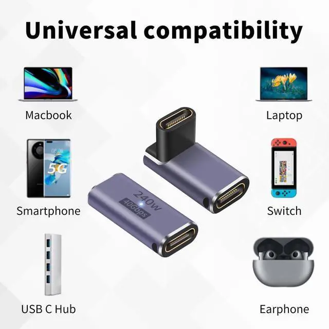 Alt view image 4 of 7 - USB C Female to Female Adapter, USB C Coupler 240W, 40Gbps 90 Degree Type C Coupler with 8K Video Display Compatible for Thunderbolt 4/3, MacBook Pro and Phones (2Pack)