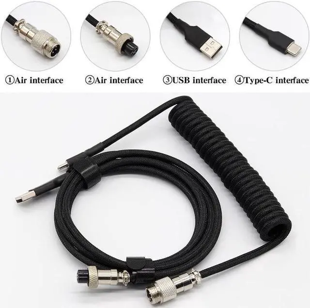 Alt view image 3 of 6 - Customer Coiled Keyboard Cable for Gaming Mechanical Keyboard, Handwork Braided + PET Mesh, Metal Plug, with Detachable Metal Aviator Connector, 3 Meters USB C Aviator Cable (Black)